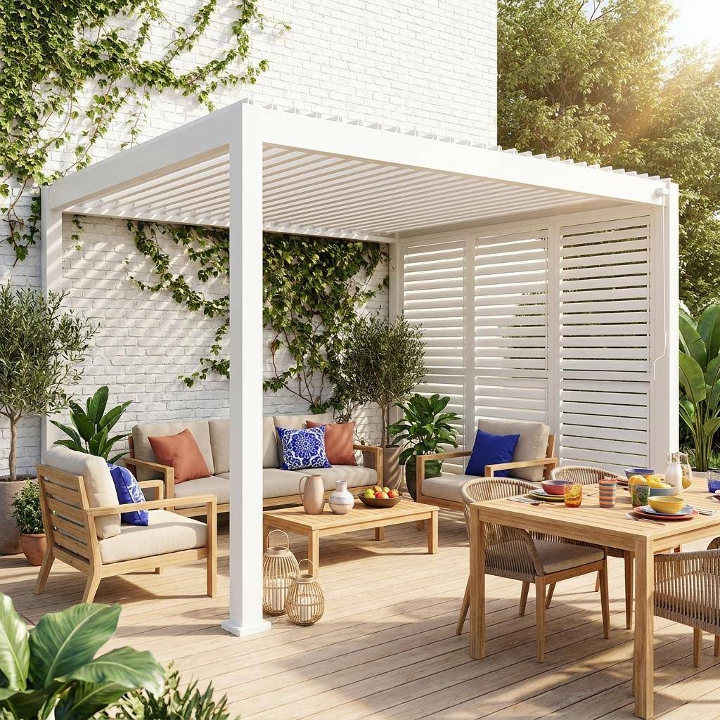 Pergola met lamellendak 4x3m aluminium met verstelbare lamellen en 3 lamellenwanden 100cm wit - Triomphe Photo1