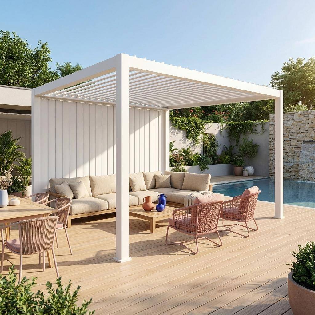 Louvered pergola 4x3m and 4m vertical adjustable louver panel white - Triomphe Photo1