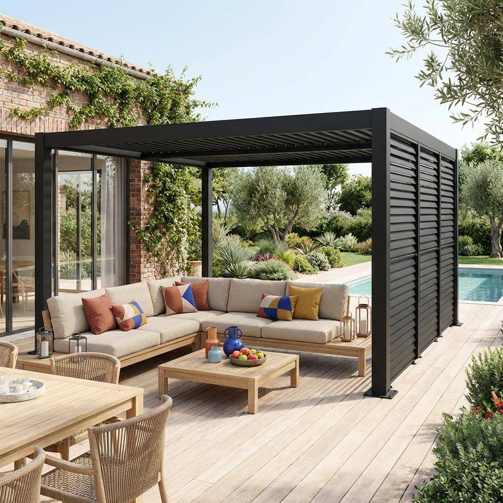 Louvered pergola 4x3m and 3 100 cm adjustable slat louver panels anthracite  - Palace,sweeek,Photo1
