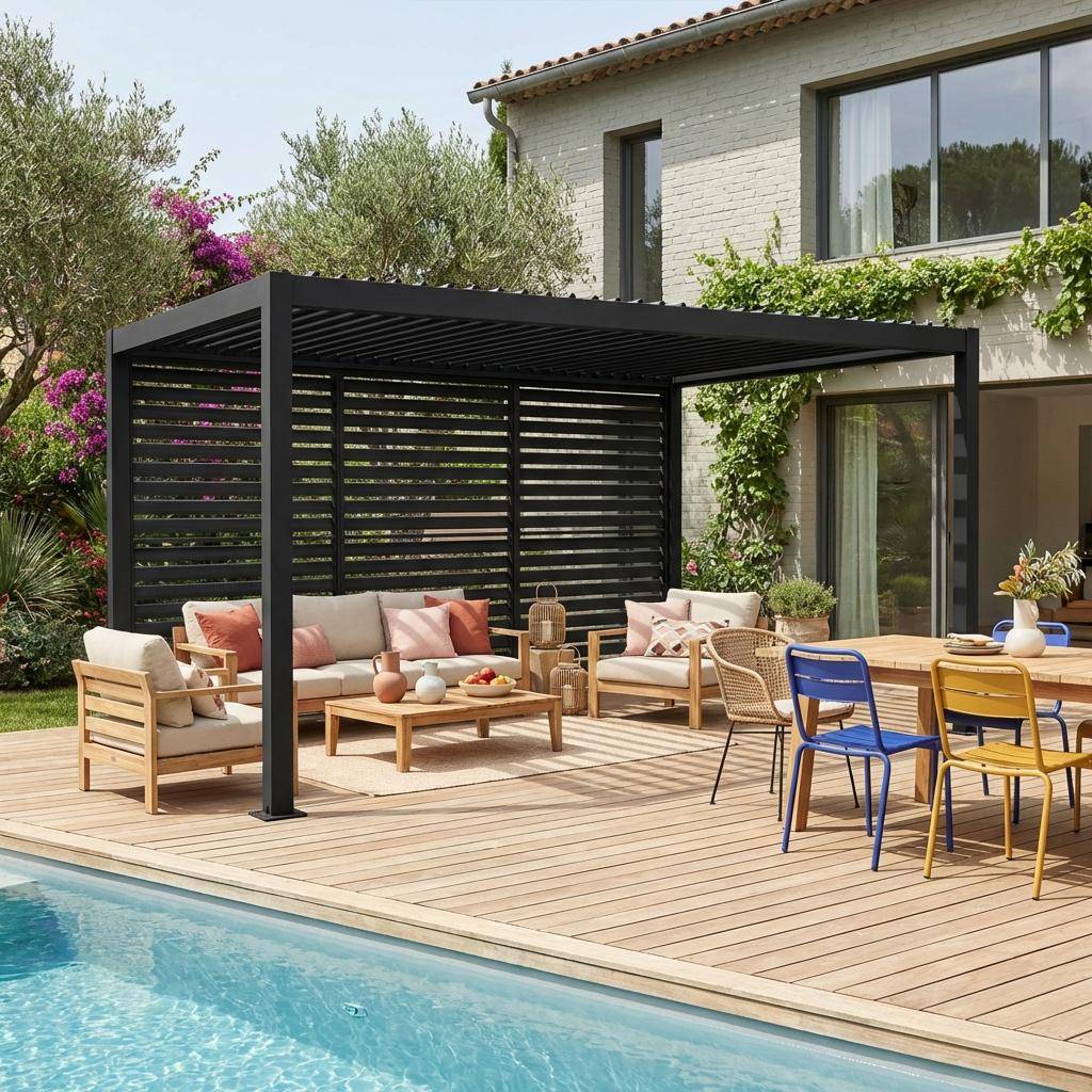 Pérgola bioclimática de alumínio e aço 3x4m + 3 persianas 1.3m  Antracite - 392x292x231 cm Photo1