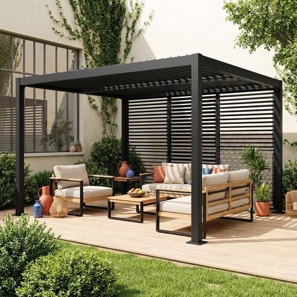 Pergola met lamellendak 4x3m staal en aluminium met verstelbare lamellen en 3 verstelbare lamellenwanden 130cm antraciet - Palace Photo1