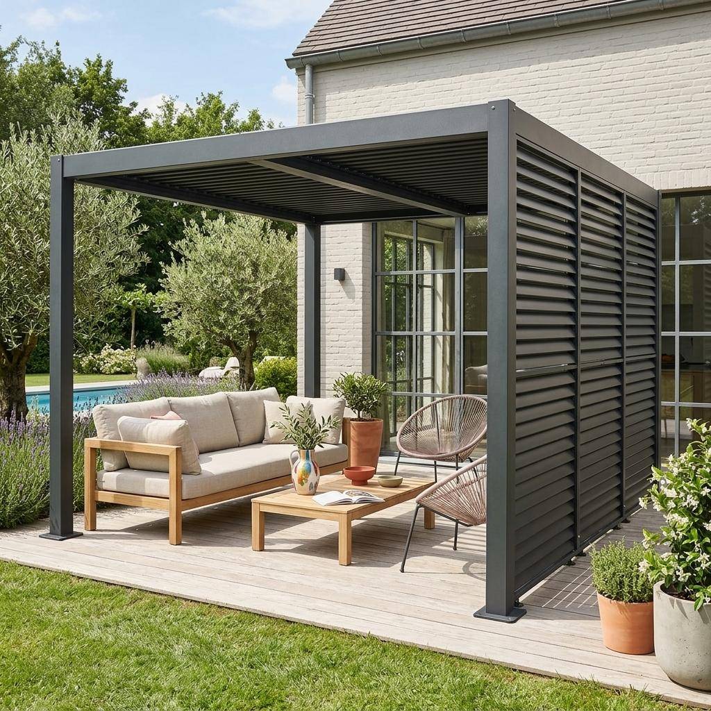 Pérgola bioclimática de alumínio e aço 3x4m + 3 persianas de 130cm com lâminas orientáveis  Antracite - 392x292x232 cm Photo1