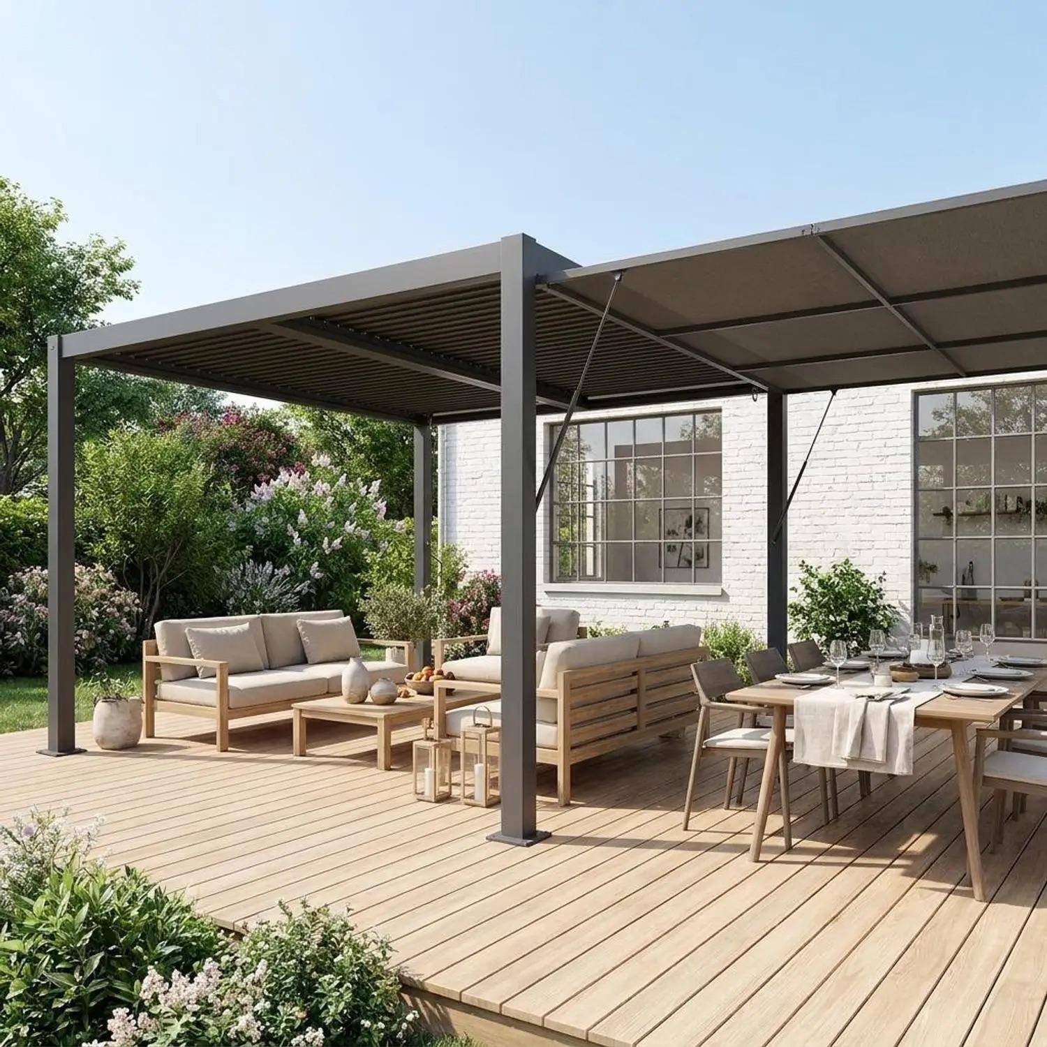 Pergola met lamellendak 4x3m staal en aluminium met verstelbare lamellen en luifel 4m antraciet - Palace Photo1