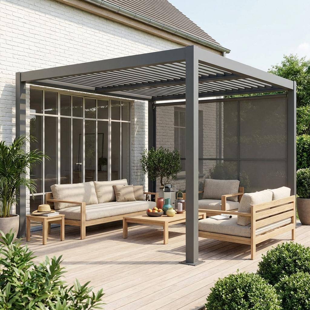 Pergola met lamellendak 3x3m staal en aluminium met verstelbare lamellen en luifel 3m antraciet - Palace Photo1