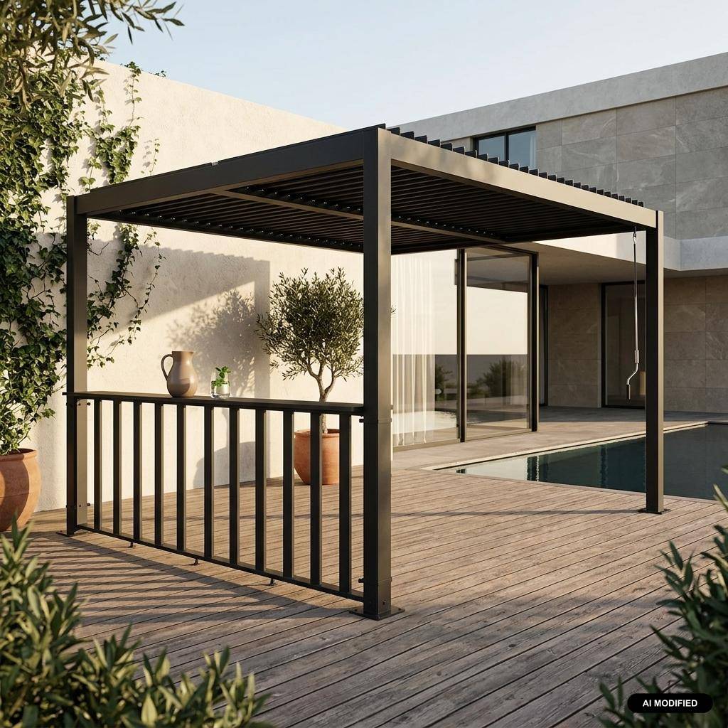 Pergola bioclimatica 3x3m in alluminio e acciaio + ringhiera bassa 3m Antracite - 292x292x232 cm Photo1