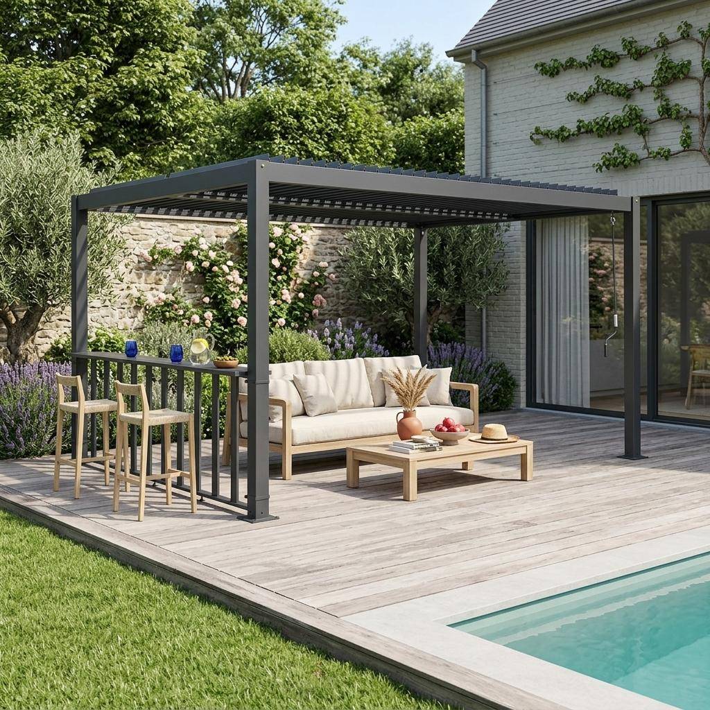 Pergola mit Lamellendach Palace 3x4m mit Thekenleiste 3m anthrazit  Photo1