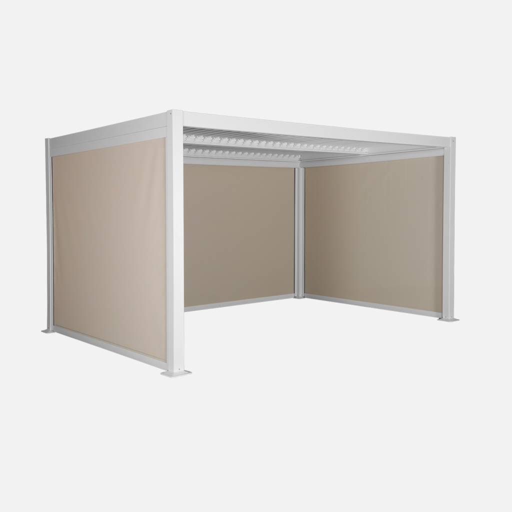 Pergola bioclimatique 4x3m, 2 stores 3m, 1 store 4m blanc