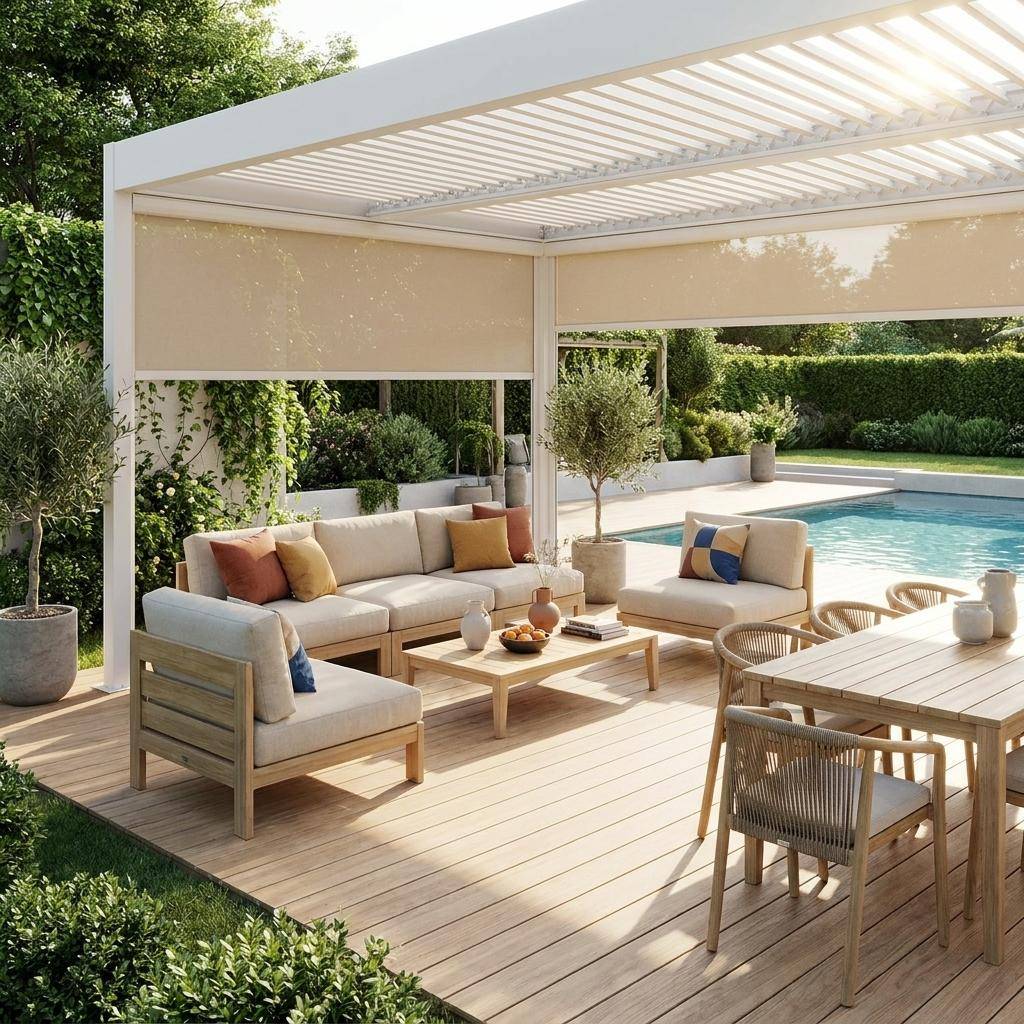 Pergola bioclimatique aluminium et acier 3x4m lames orientables + 2 stores 3m + 1 store 4m PALACE blanc Photo1
