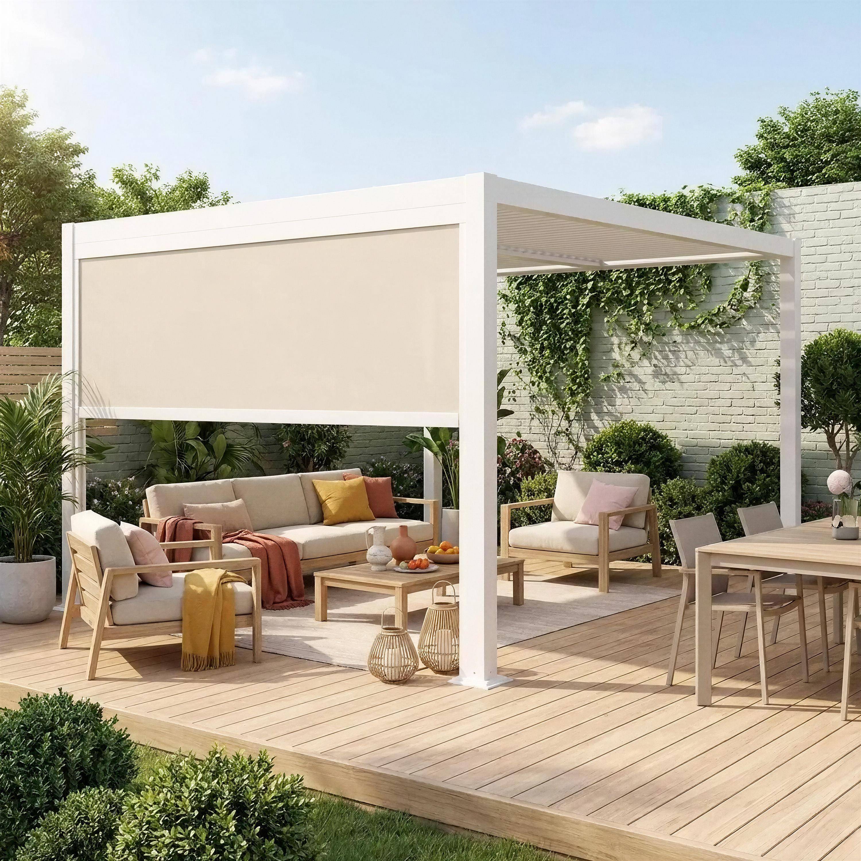 Pergola bioclimatique aluminium et acier 3x3m lames orientables + store 3m PALACE blanc Photo1