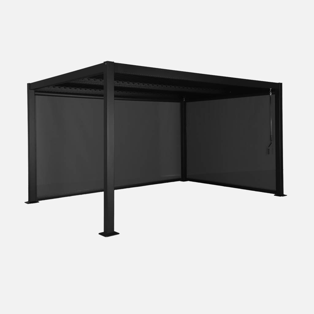 Louvered pergola 4 x 3m with a 3m blind and 4m blind black