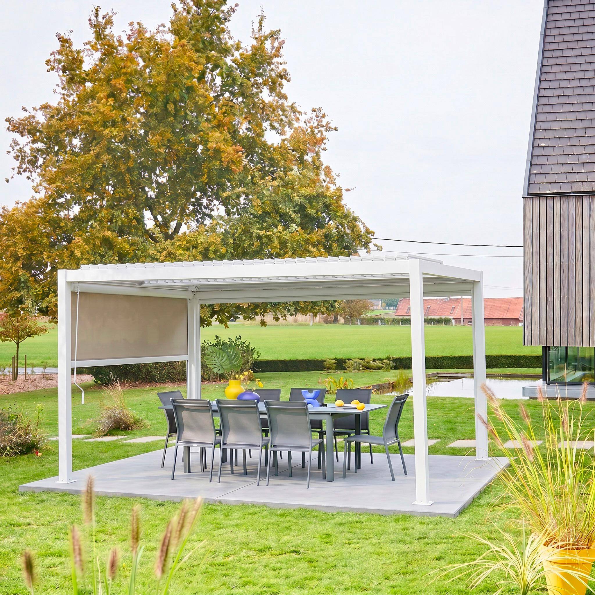 Pergola bioclimatique aluminium et acier 3x4m lames orientables + store 3m PALACE blanc Photo2