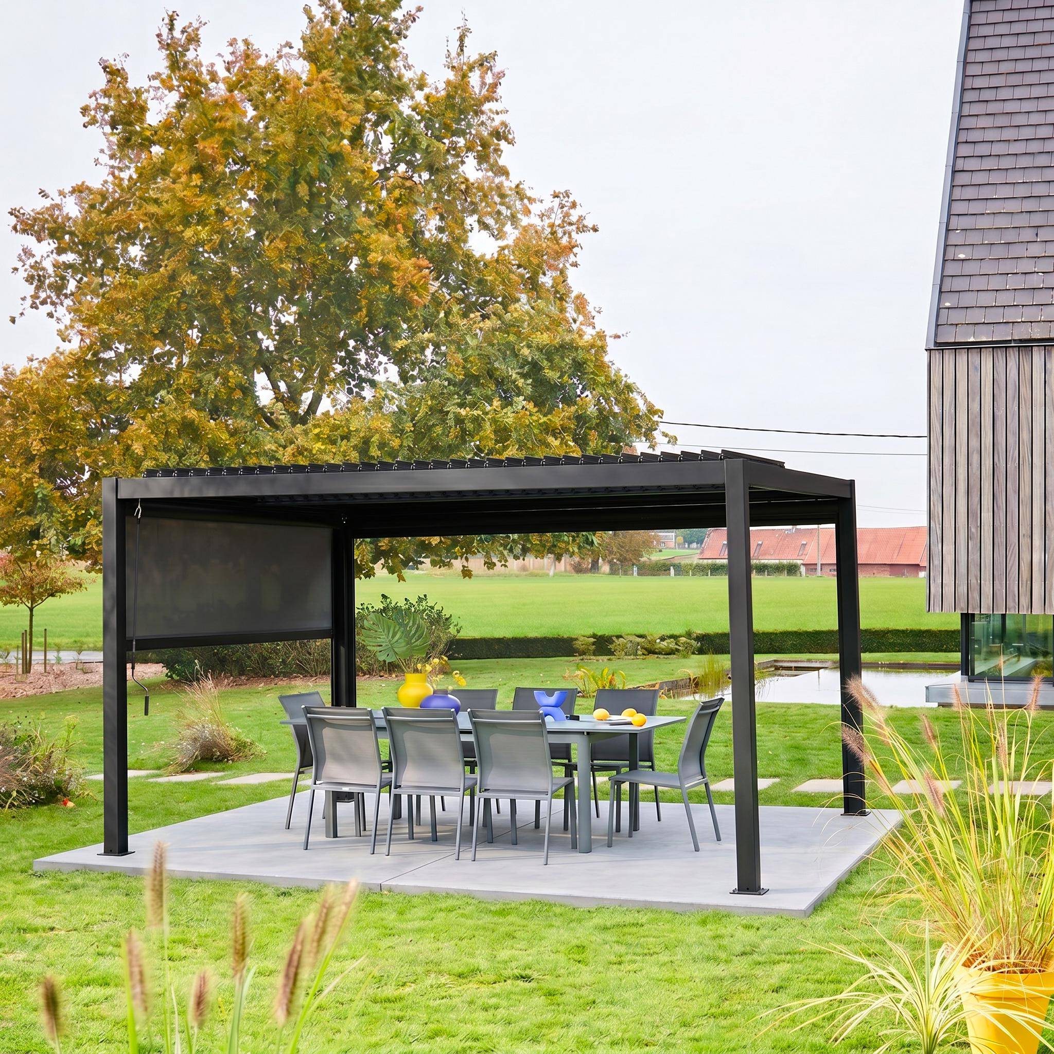 Pergola bioclimatique aluminium et acier 3x4m lames orientables + store 3m PALACE noir Photo2