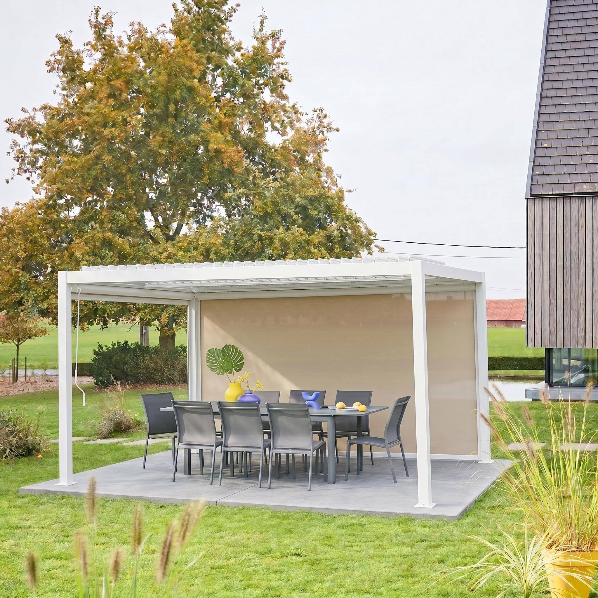 Pérgola bioclimática em alumínio e aço 3x4m + estore 4m Branco - 392x292x224 cm Photo1