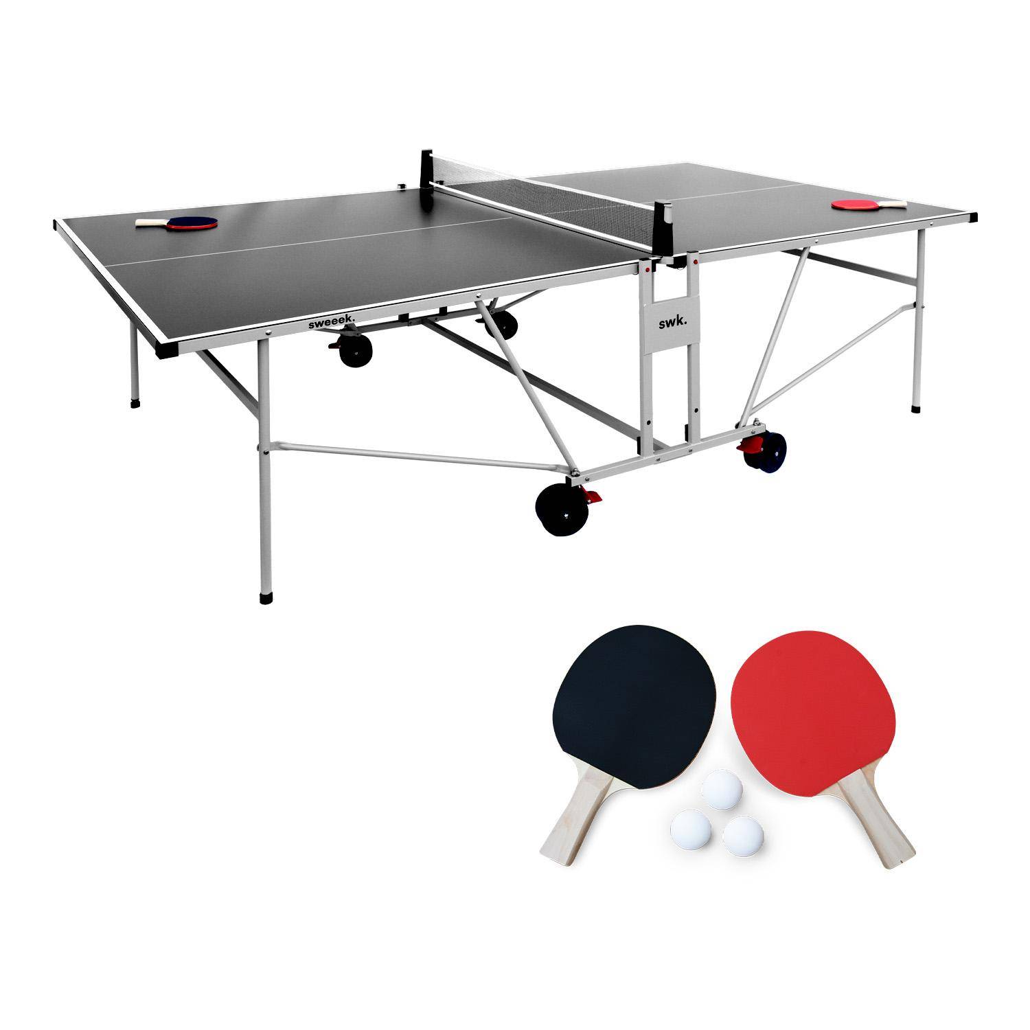 Table de ping pong INDOOR gris, avec 2 raquettes et 3 balles, utilisation intérieure + Housse en PVC,sweeek,Photo1