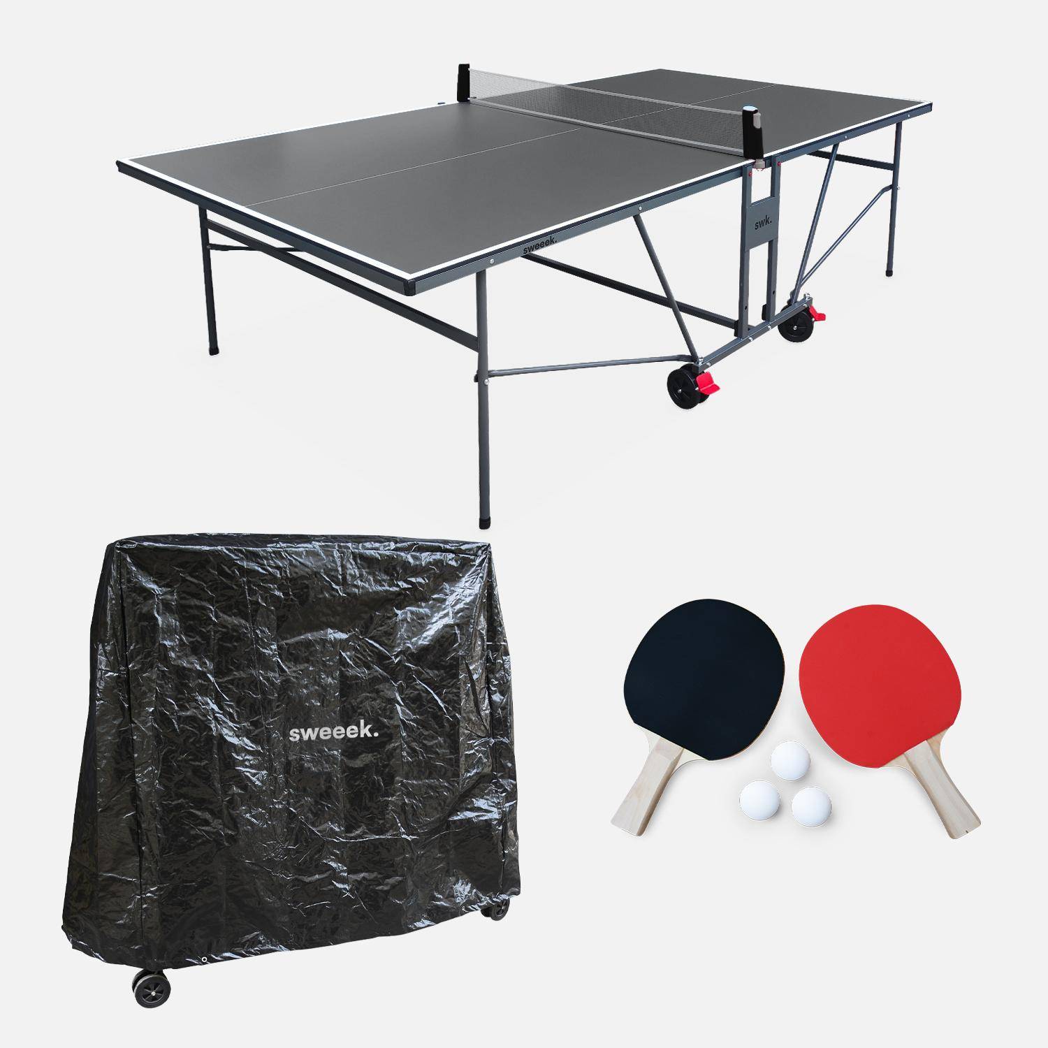 Table de ping pong INDOOR gris, avec 2 raquettes et 3 balles, utilisation intérieure + Housse en PVC,sweeek,Photo2