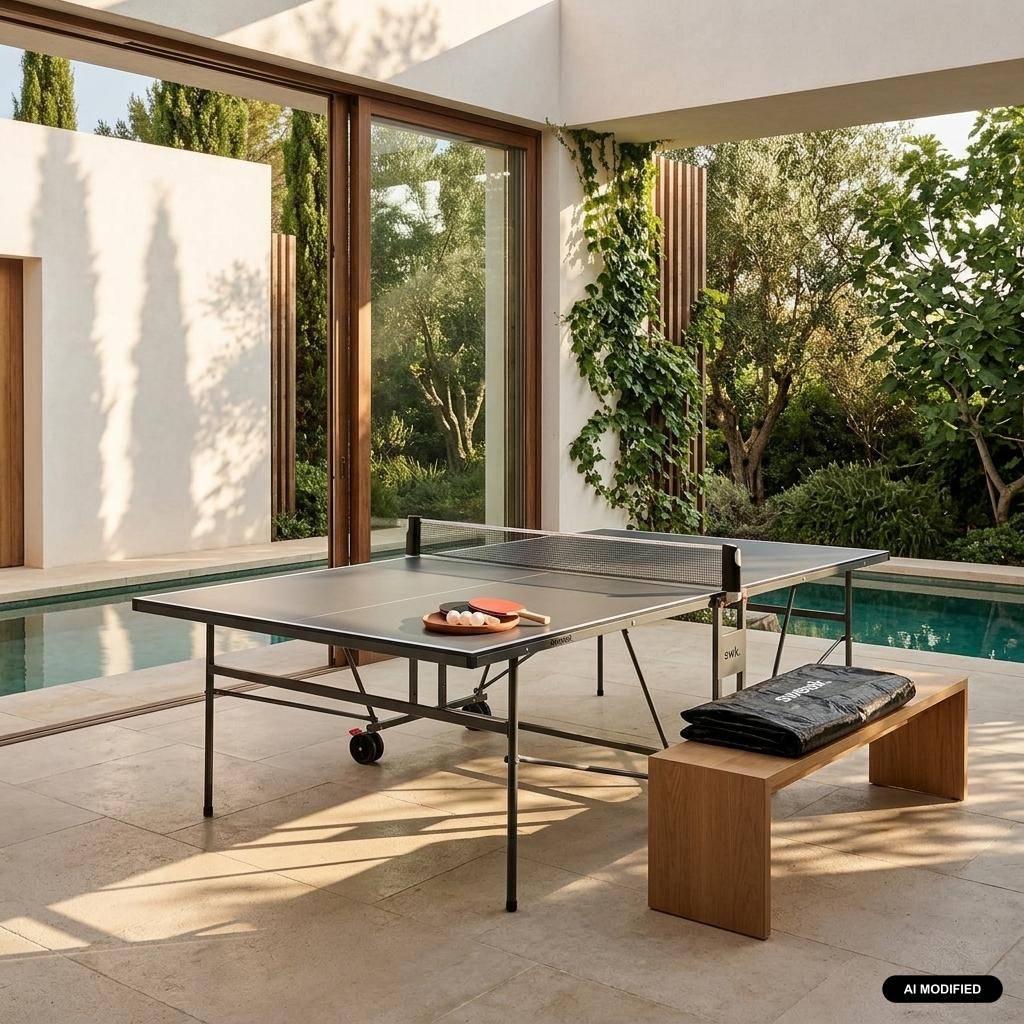 Table de ping pong INDOOR gris, avec 2 raquettes et 3 balles, utilisation intérieure + Housse en PVC Photo1