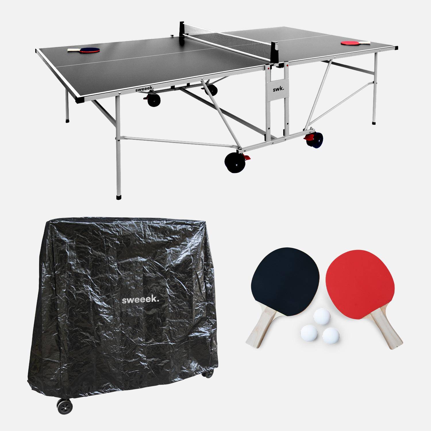 Table de ping pong OUTDOOR, avec 2 raquettes et 3 balles, pour utilisation extérieure + Housse en PVC,sweeek,Photo2