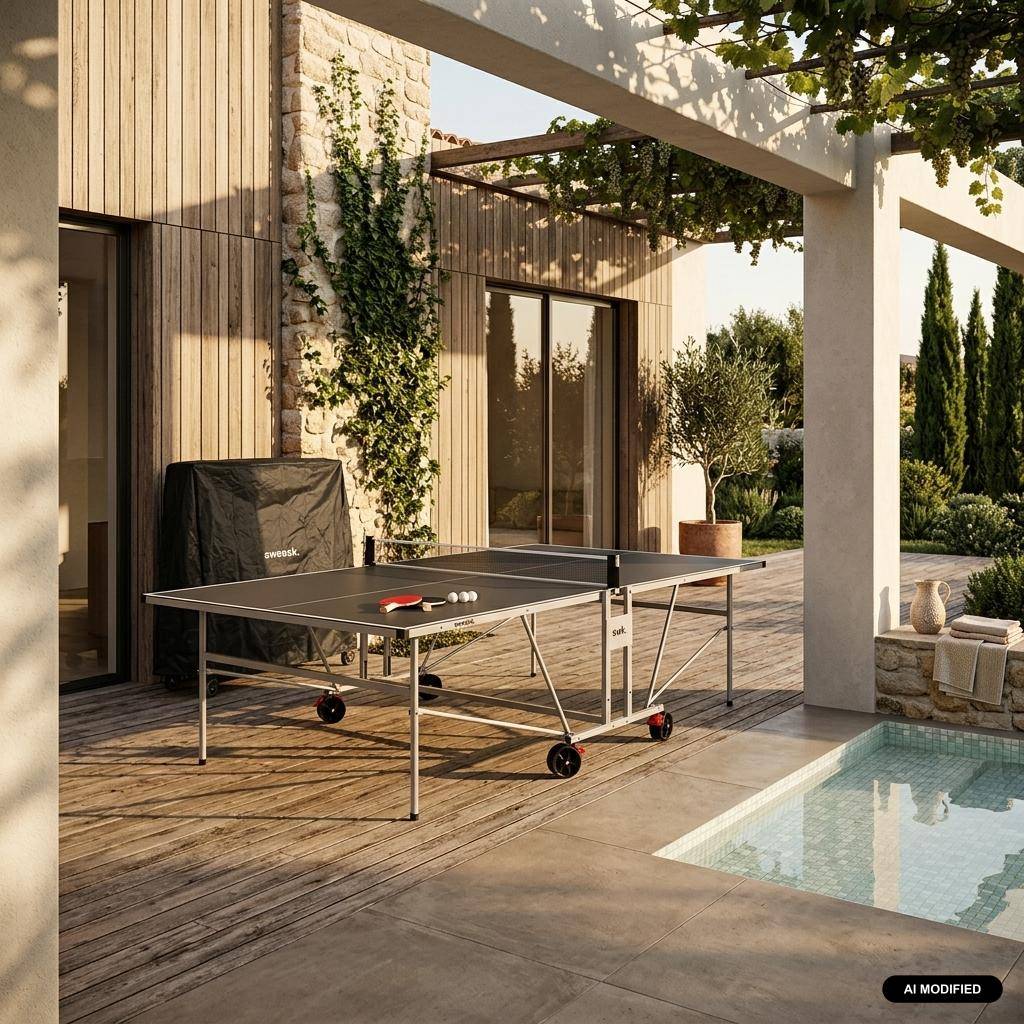 Table de ping pong OUTDOOR, avec 2 raquettes et 3 balles, pour utilisation extérieure + Housse en PVC Photo1