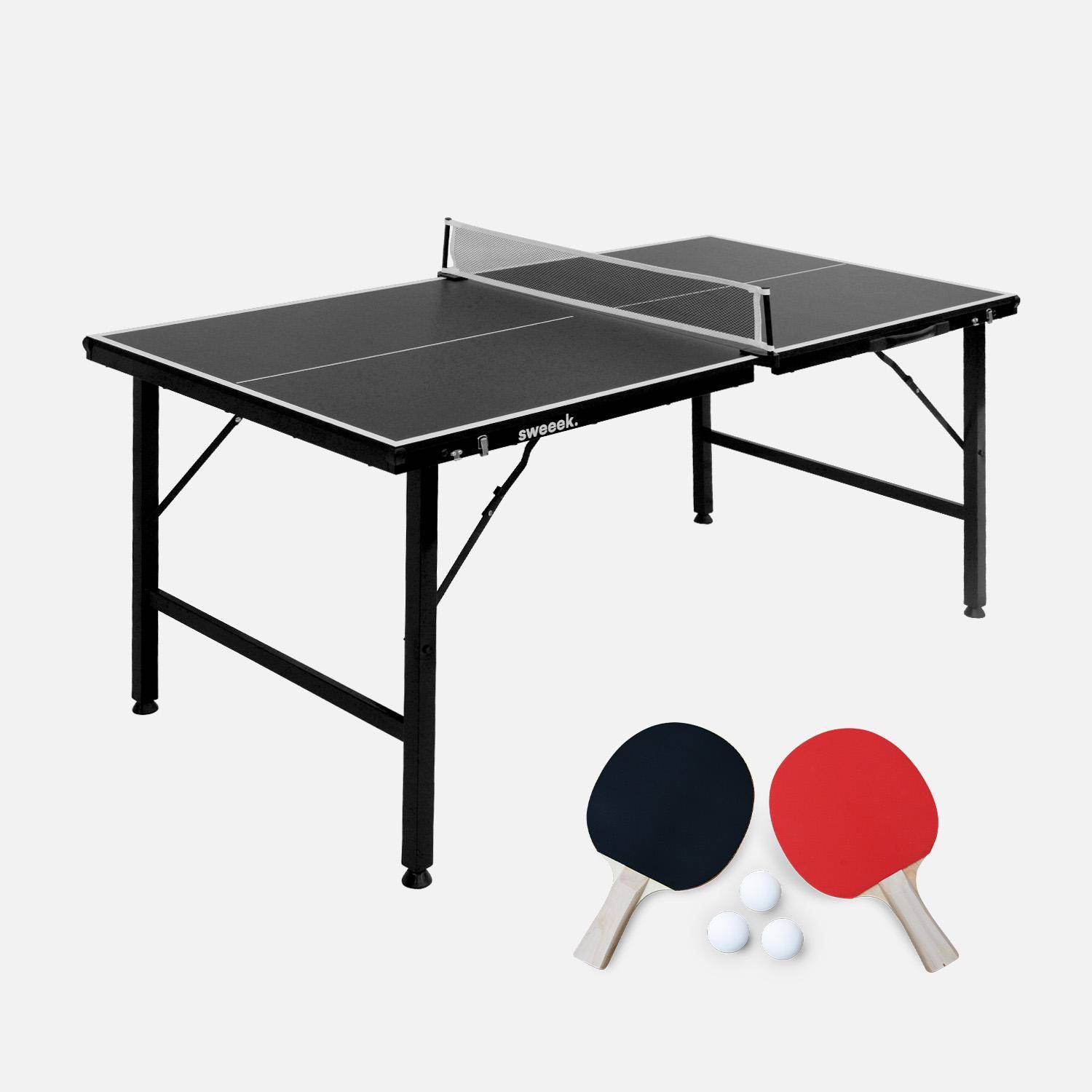 Mini table de ping pong 150x75cm - table pliable INDOOR noir, avec 4 raquettes et 6 balles,sweeek,Photo1