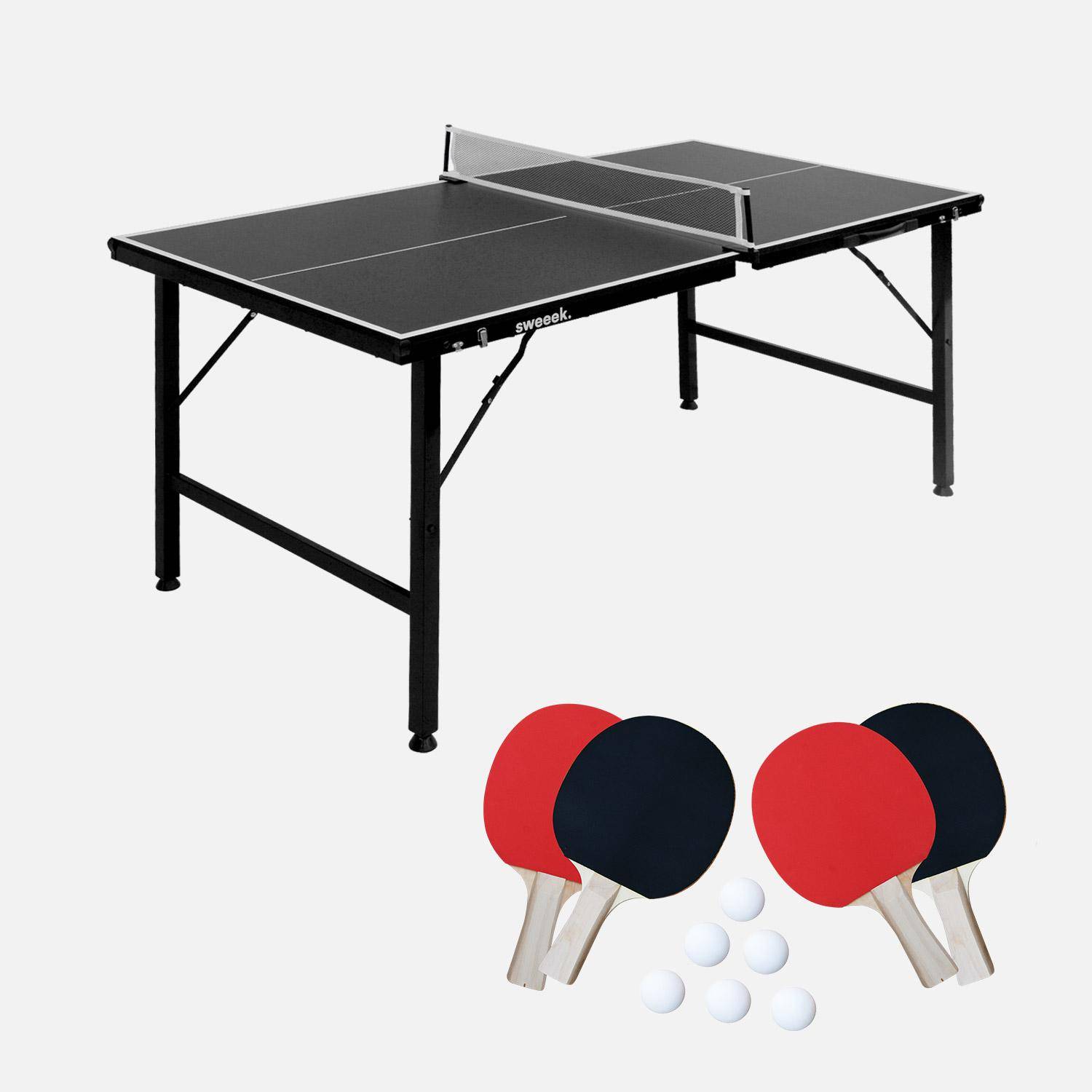 Mini mesa de ping pong interior plegable con 4 raquetas y 6 pelotas, 150cm Negro - 150x75x68 cm,sweeek,Photo4