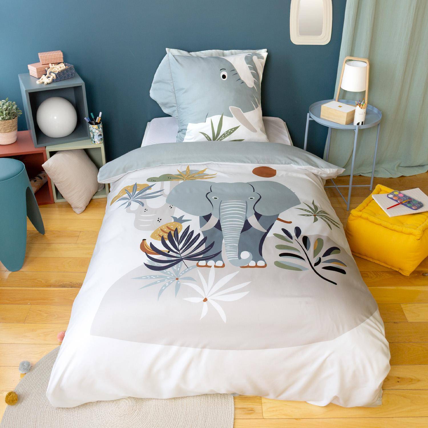 Parure de lit microfibre réversible imprimé éléphant 1 place 140x200cm - Marceau Photo1