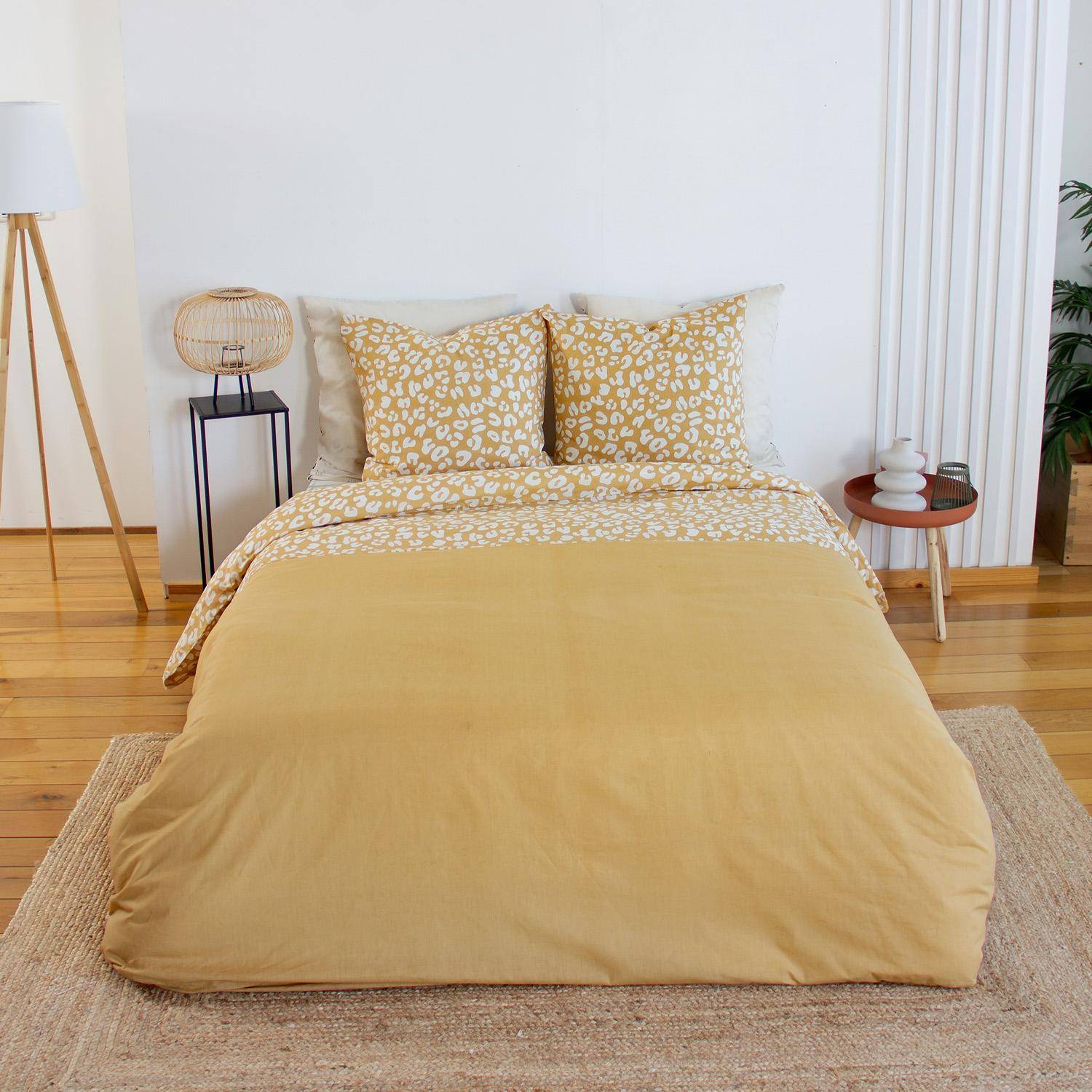 Parure de lit coton réversible 2 places imprimé léopard jaune 240x220cm - Juliette Photo1