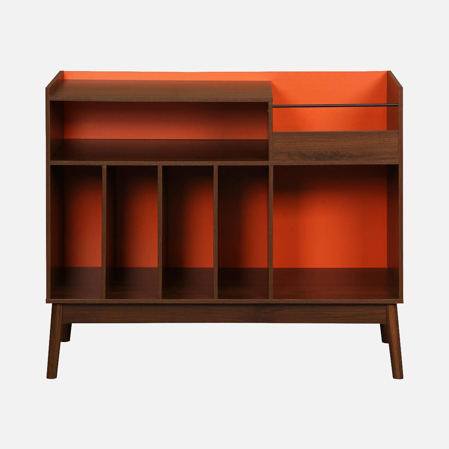 Vintage vinyl meubel met donkere houtlook en oranje achterwand 100cm - Nepal Photo2