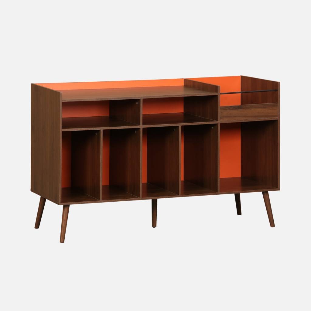 Meuble vinyle vintage bicolore décor bois et orange 130cm