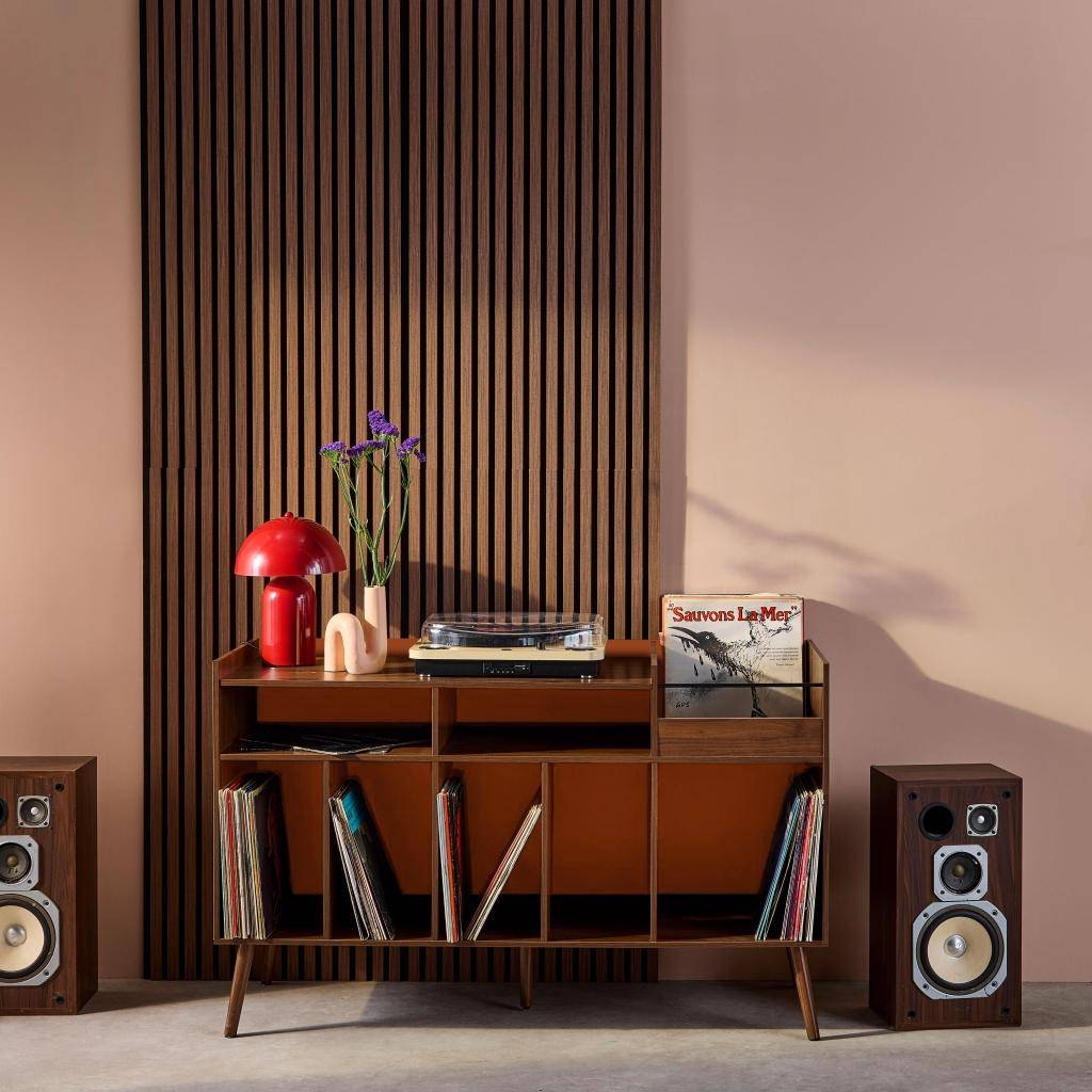 Dwukolorowa szafka na płyty winylowe vintage XL kolor drewna z pomarańczowym tłem, 130cm - Nepal Photo1