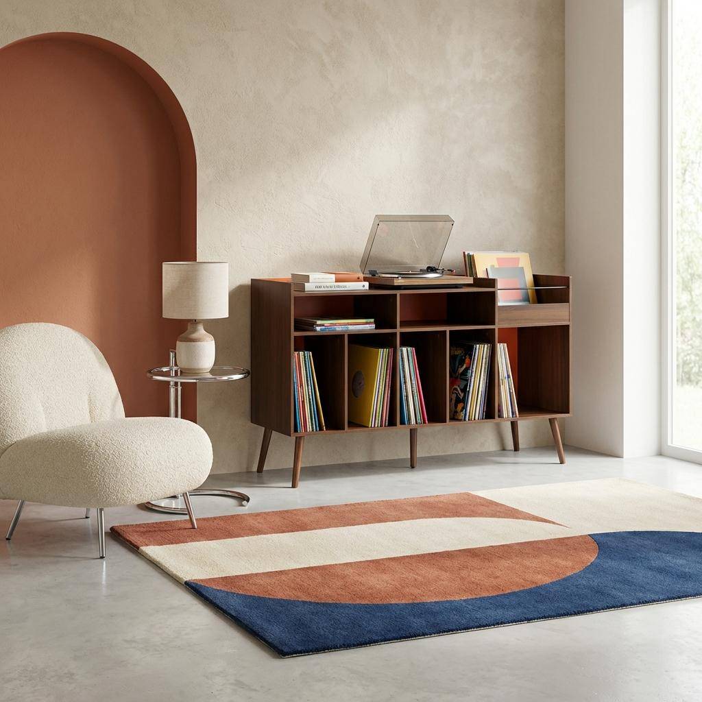 Vintage XL vinyl meubel met donkere houtlook en oranje achterwand 130cm - Nepal Photo1