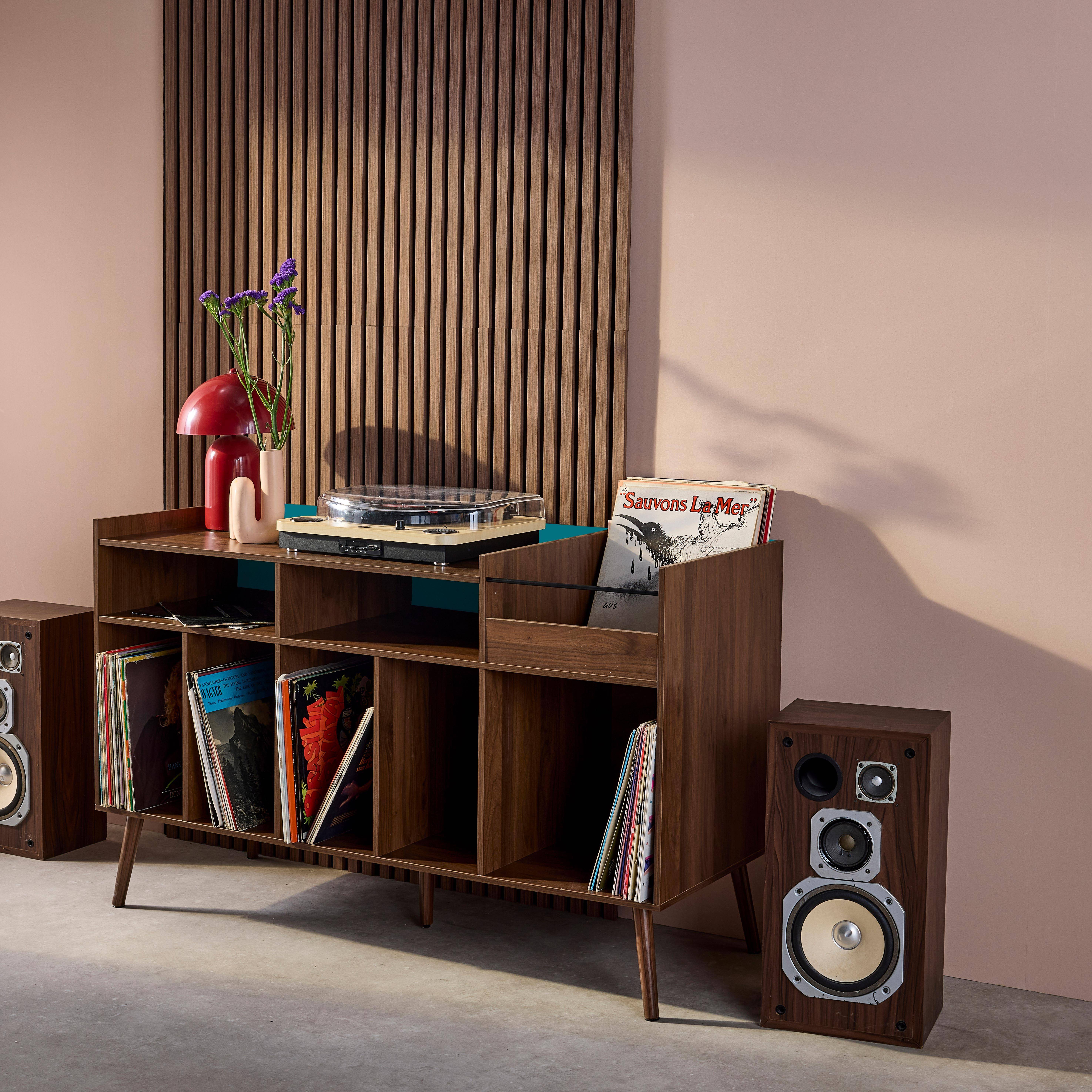 Vintage XL vinyl meubel met donkere houtlook en blauwe achterwand 130cm - Nepal,sweeek,Photo3