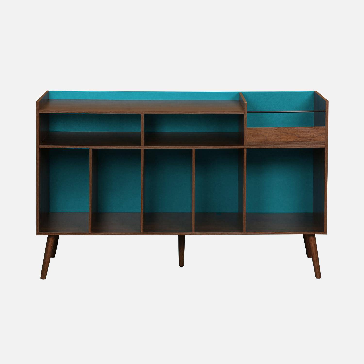 Vintage XL vinyl meubel met donkere houtlook en blauwe achterwand 130cm - Nepal Photo2