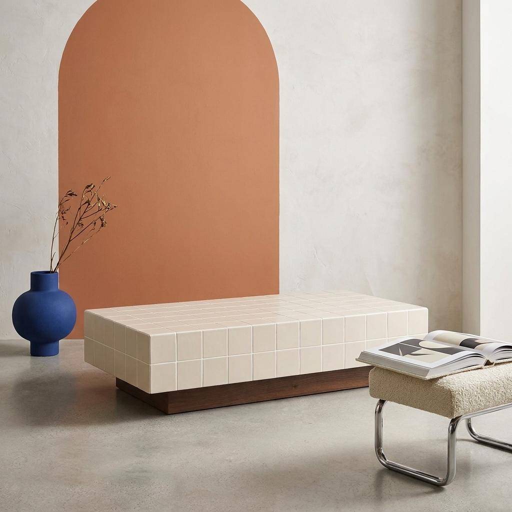 Coffee table with cement tile effect beige 120x60x30 cm - Grid Photo1