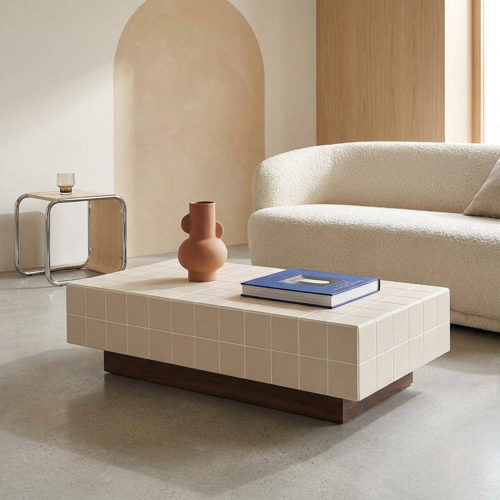 Table basse imitation carreaux de ciment 120cm beige - Grid,sweeek,Photo1