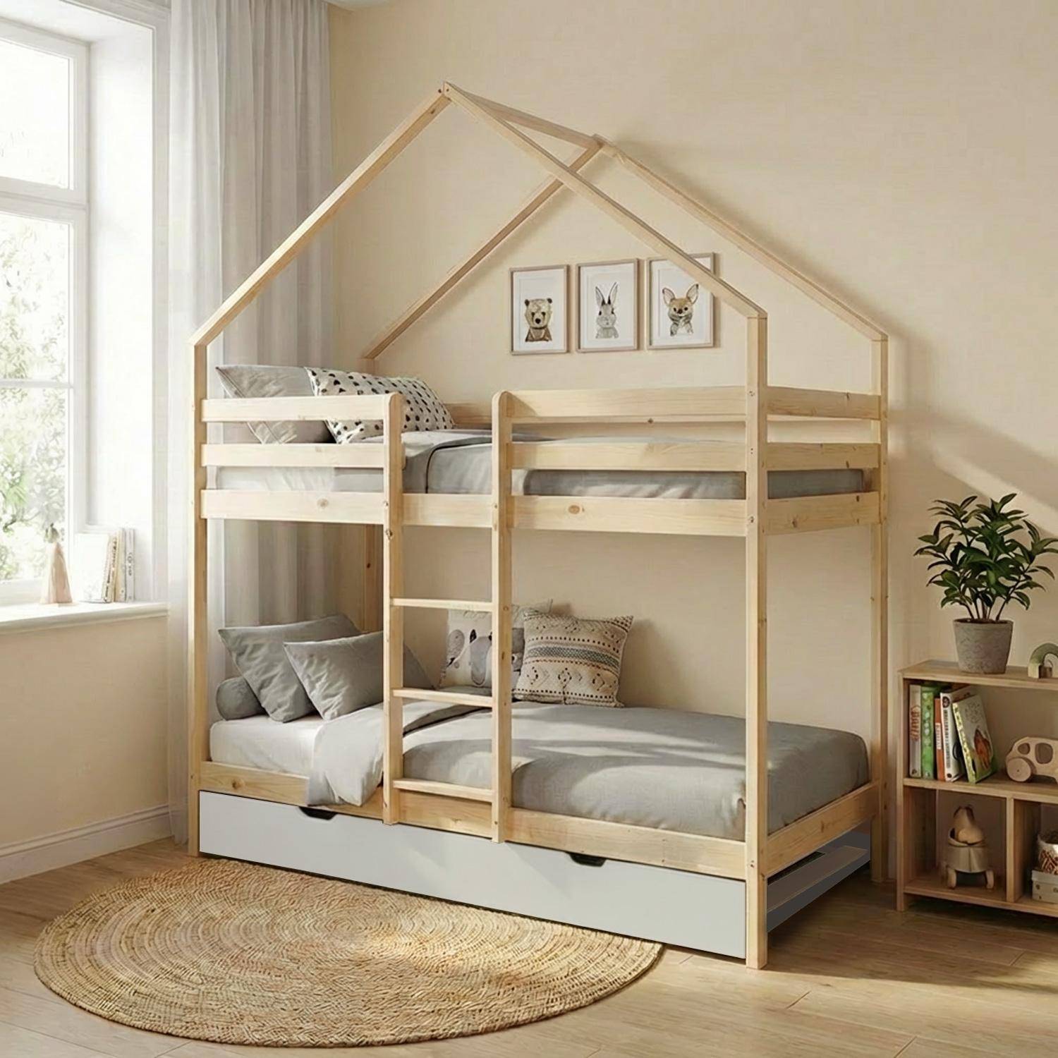 Letto a castello per bambini cabina 190cm pino naturale con cassetto Bianco - 212x102x188.5 cm Photo1