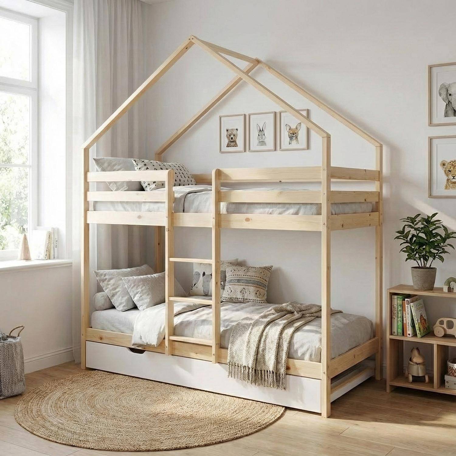 Letto a castello per bambini cabina 190 cm pino naturale con cassetto, Roya, Bianco, 212x102x188.5 cm,sweeek,Photo1