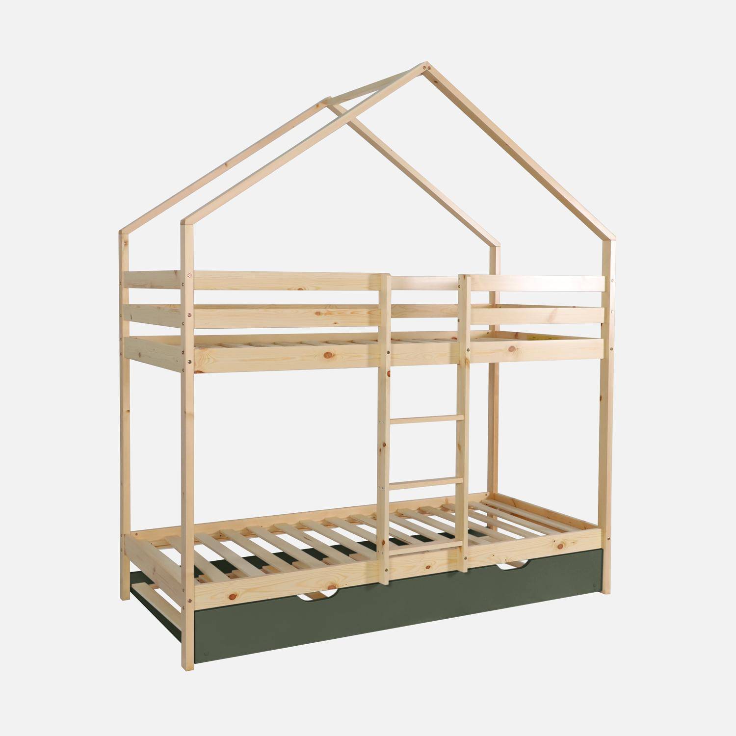 Letto a castello per bambini cabina 190 cm pino naturale con cassetto, Roya, Verde, 212x102x188.5 cm Photo2