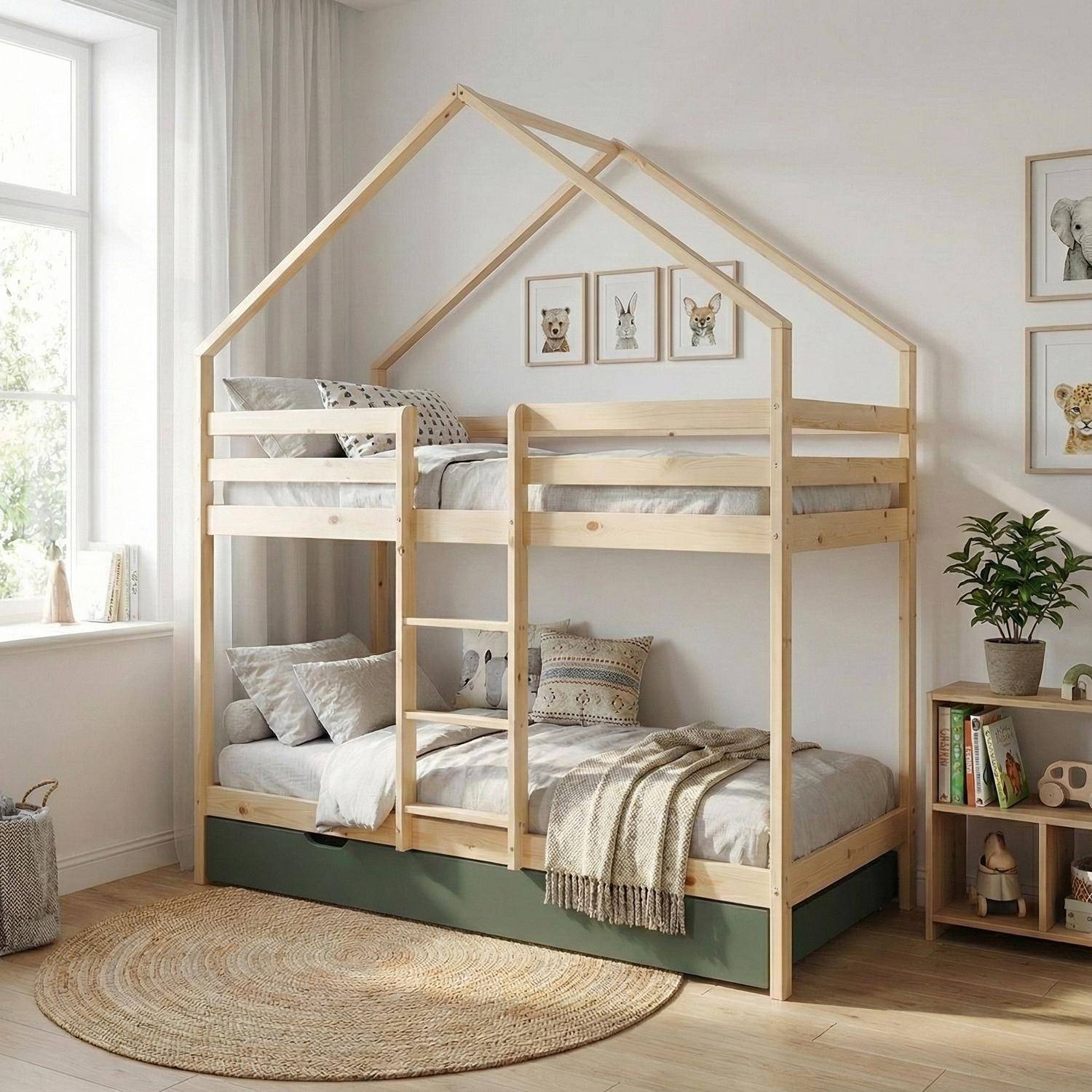 Letto a castello per bambini cabina 190 cm pino naturale con cassetto, Roya, Verde, 212x102x188.5 cm Photo1