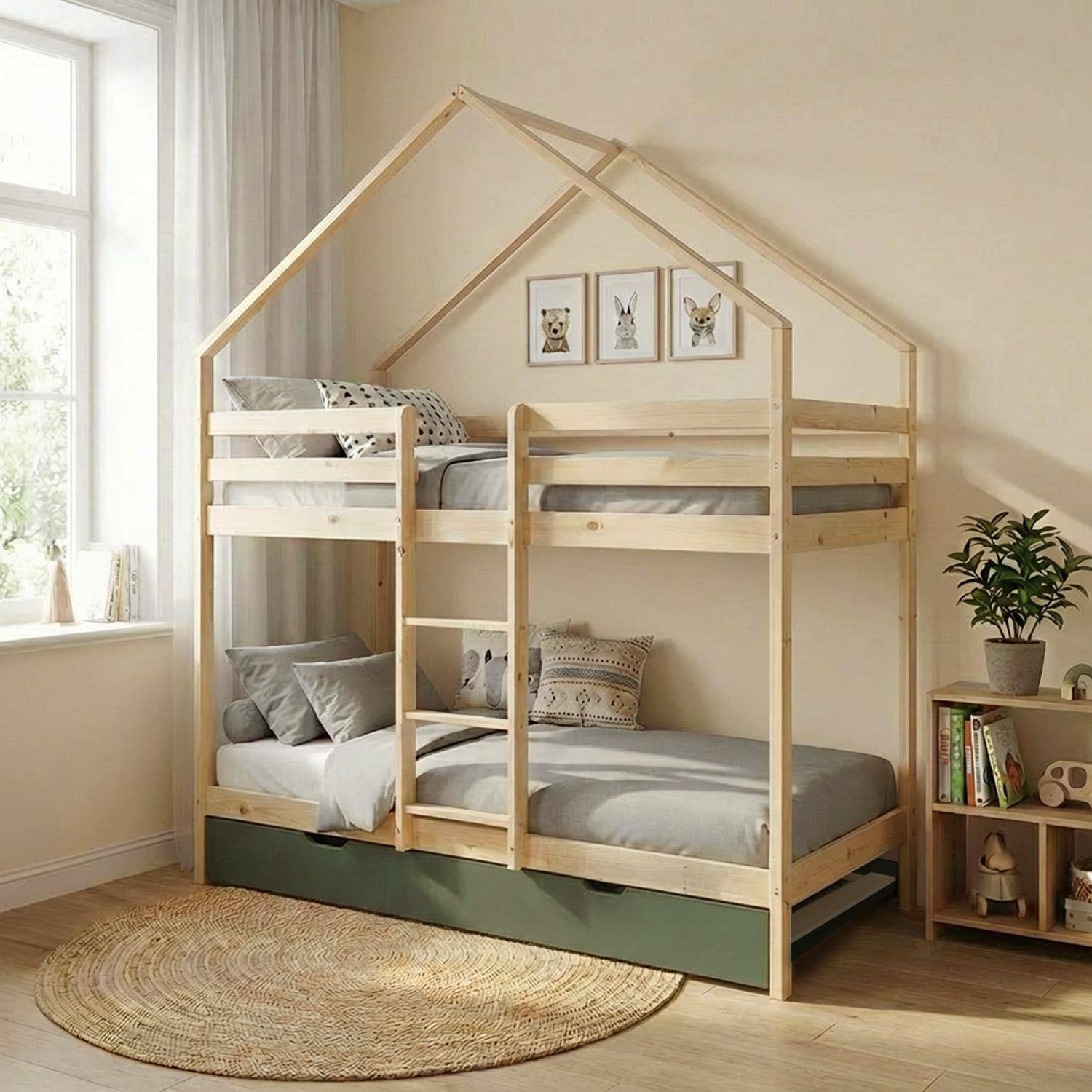 Letto a castello per bambini cabina 190cm pino naturale con cassetto Verde - 212x102x188.5 cm,sweeek,Photo1