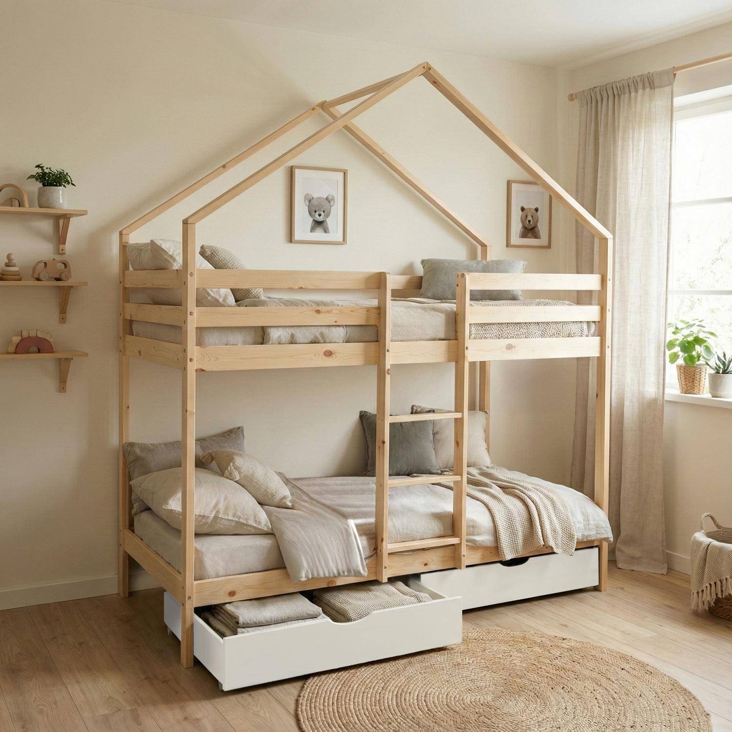 Letto a castello per bambini cabina 190cm pino naturale con cassetti Bianco - 223x199x96 cm,sweeek,Photo1