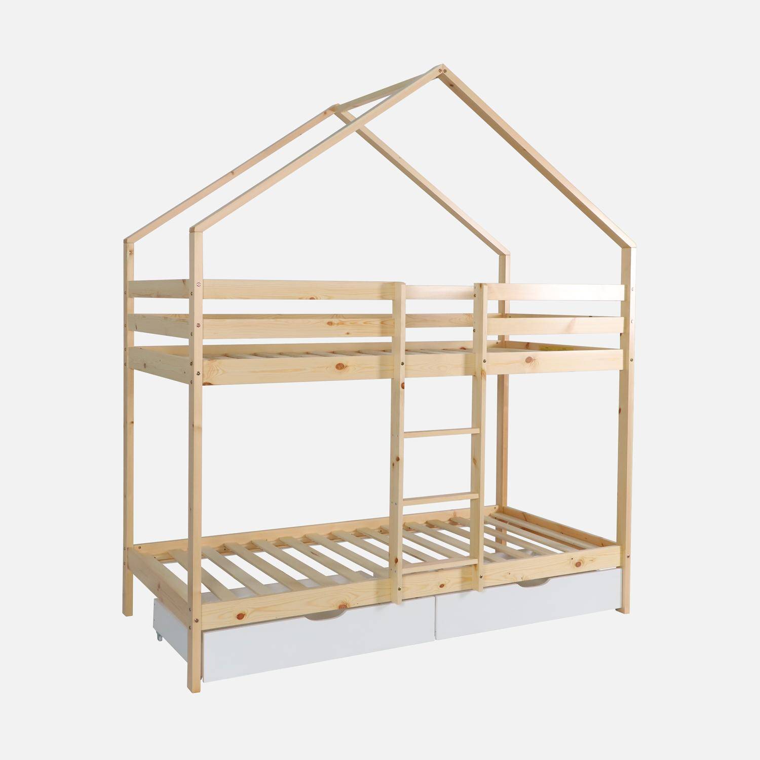 Letto a castello per bambini cabina 190 cm pino naturale con cassetti, Roya, Bianco, 223x199x96 cm Photo2
