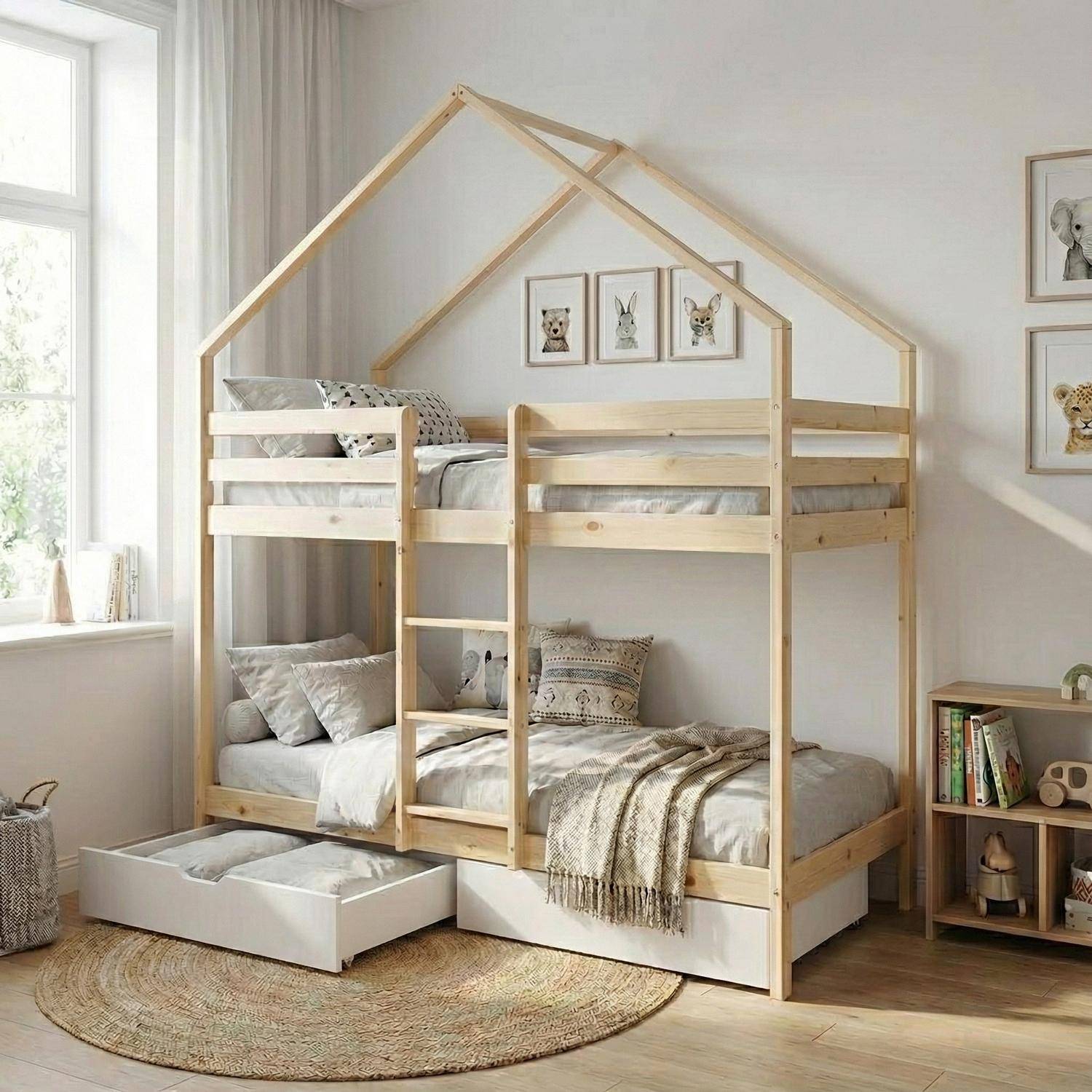 Letto a castello per bambini cabina 190 cm pino naturale con cassetti, Roya, Bianco, 223x199x96 cm Photo1