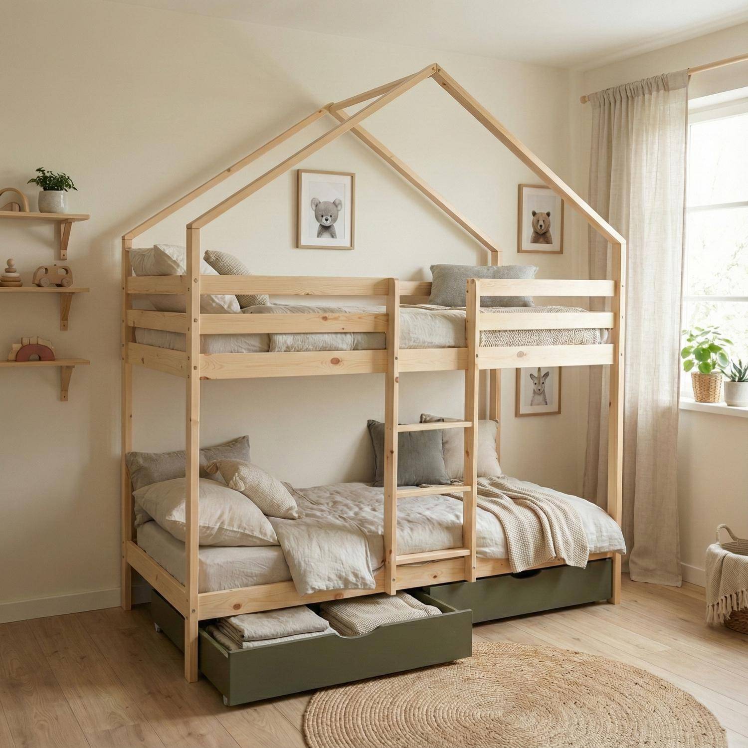 Letto a castello per bambini cabina 190 cm pino naturale con cassetti, Roya, Verde, 223x199x96 cm,sweeek,Photo1