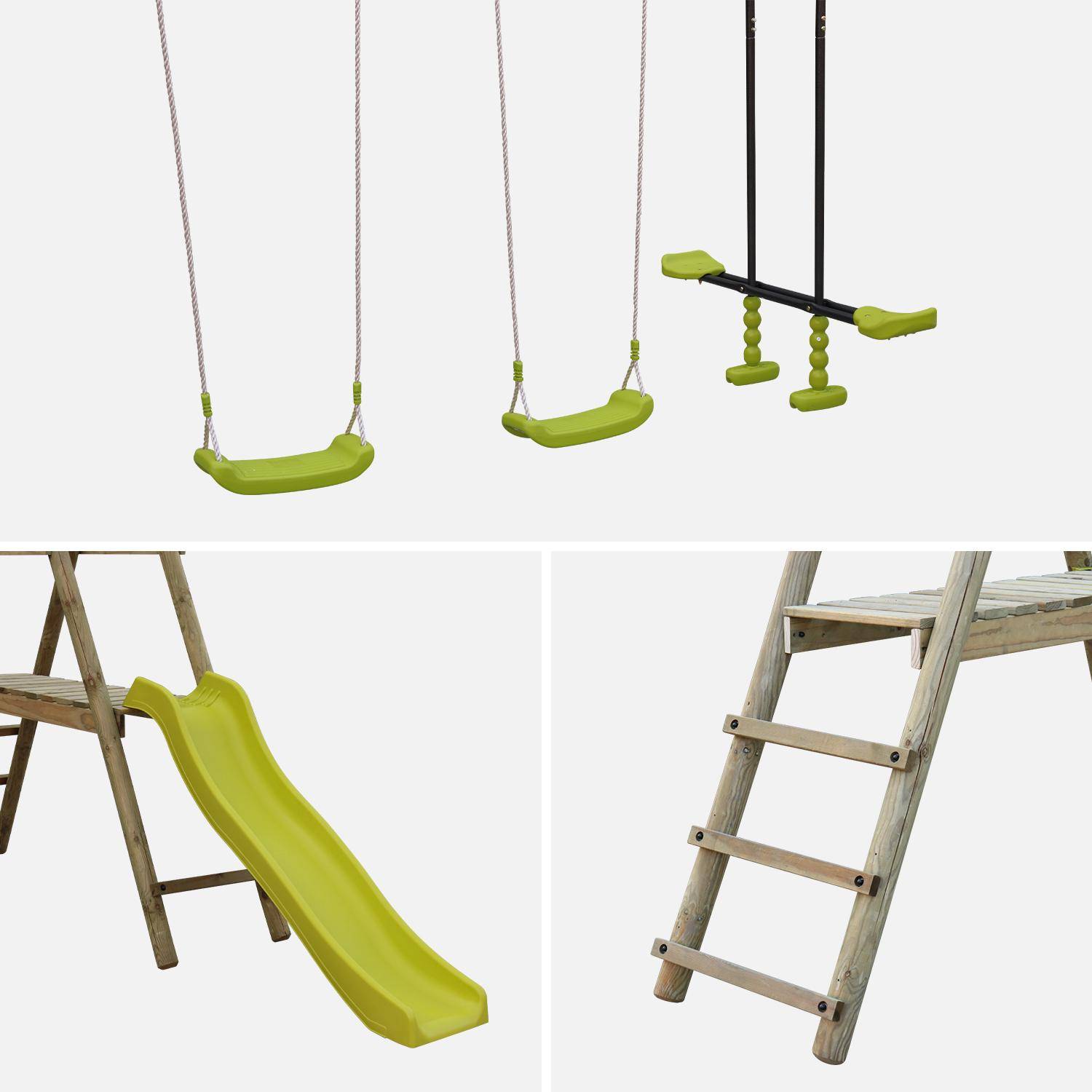 Aire de jeux Marin en bois avec toboggan, 1 face à face, 2 balançoires, pin autoclave Photo2