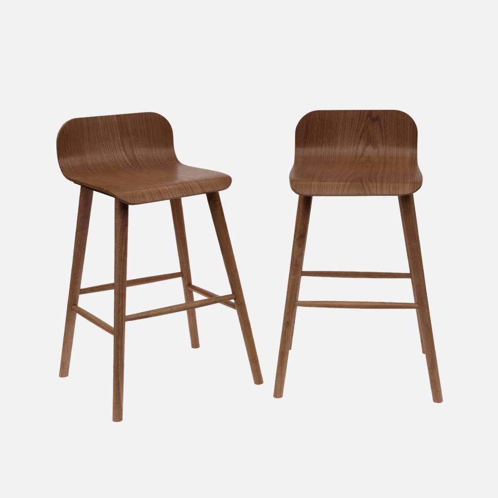 Set 2 sgabelli da bar scandinavo in legno di hevea 67,5 cm, Noce