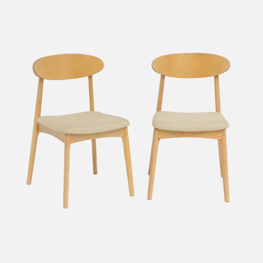 Cadeira vintage em madeira de seringueira e tecido, set de 2, Bege