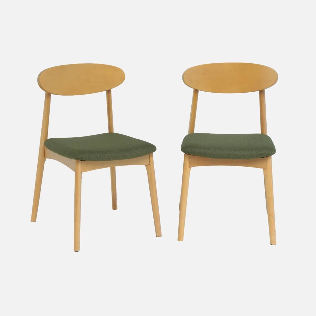 Cadeira vintage em madeira de seringueira e tecido, set de 2, Verde caqui