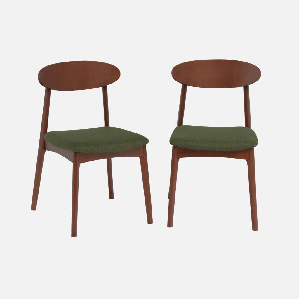 Cadeira vintage em madeira de seringueira e tecido, set de 2, Verde caqui