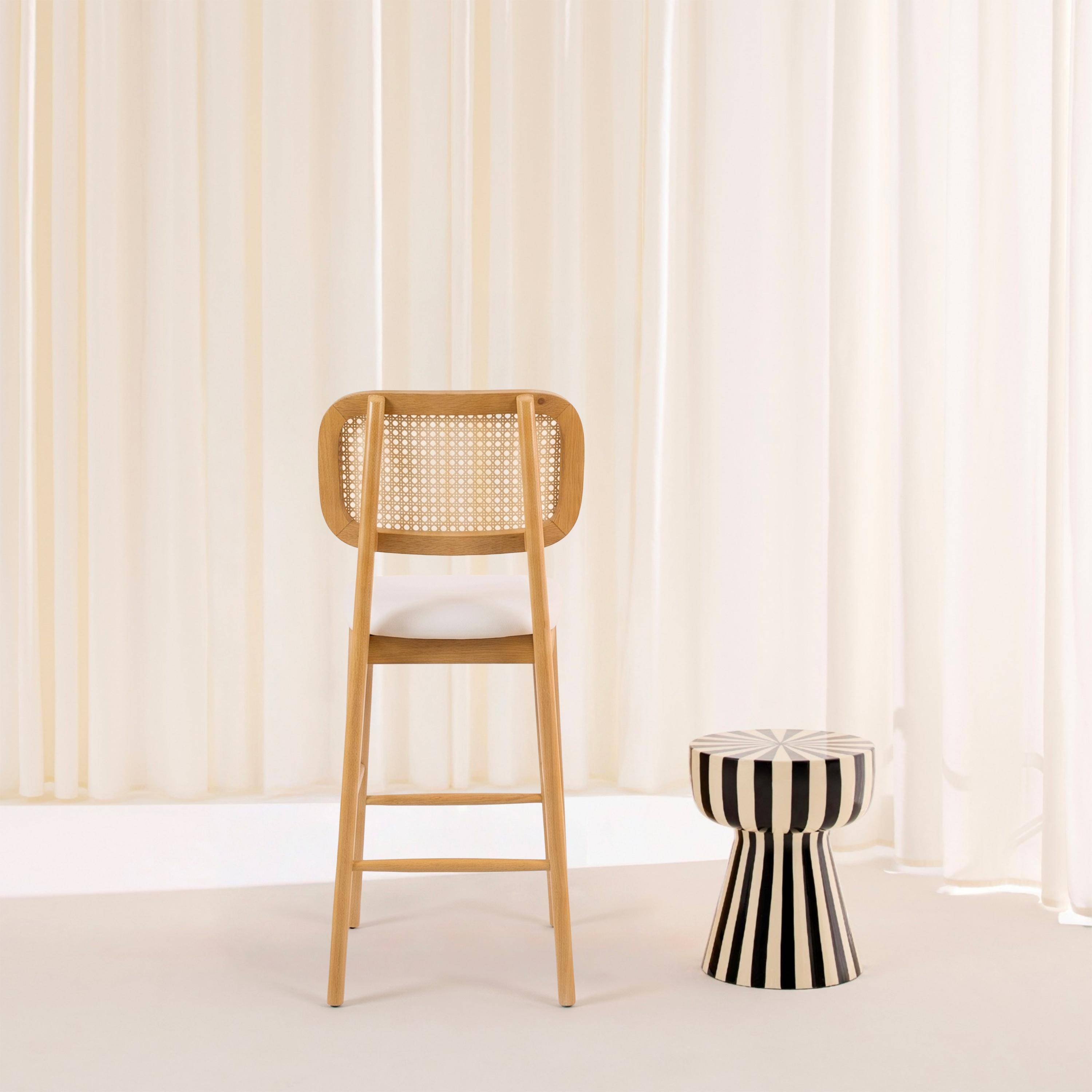  Bancos de bar vintage em madeira de seringueira com palhinha e tecido, set de 2, Mani, Natural, 44x59x98.5 cm Photo4