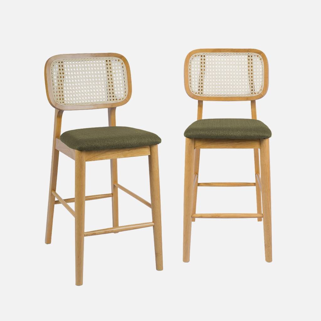 Taburete de bar de madera de hevea con rejilla y tela, set de 2, Natural